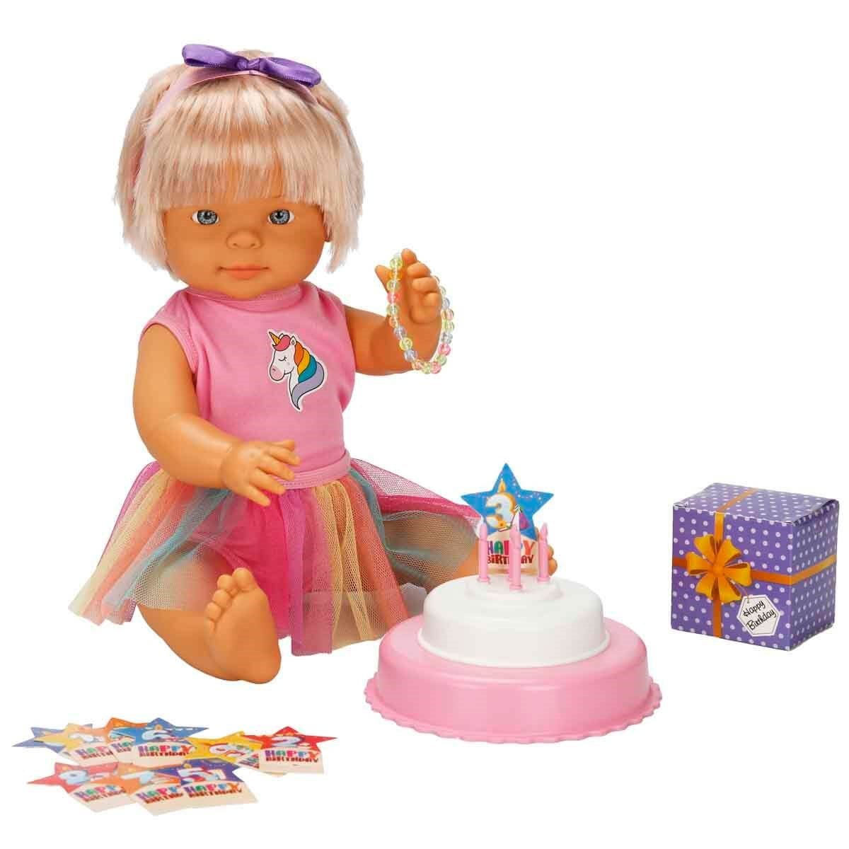Dollz n More Bebelou Birthday Party Bebek Seti 40 cm Renkli Etekli Modelli, Sürpriz Hediye Kutulu ve İki Katlı Maket Pastalı Evcilik Seti - Roket Oyuncak