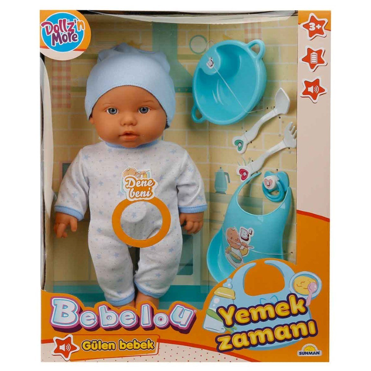 Dollz n More Bebelou Yemek Zamanı Sesli Bebek Seti 35 cm Aksesuarlı ve Mavi Tulumlu İnteraktif Evcilik Oyun Seti - Roket Oyuncak
