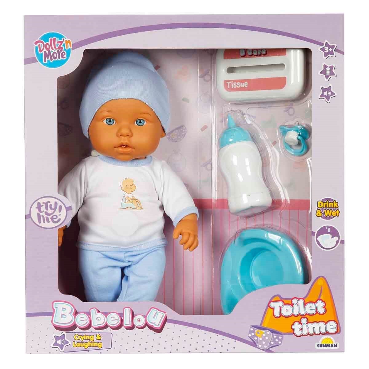 Dollz n More Sesli Bebelou Toilet Time Bebek Seti 32 cm Su İçen, Altını Islatan ve Ses Fonksiyonlu Mavi Lazımlık Seti - Roket Oyuncak