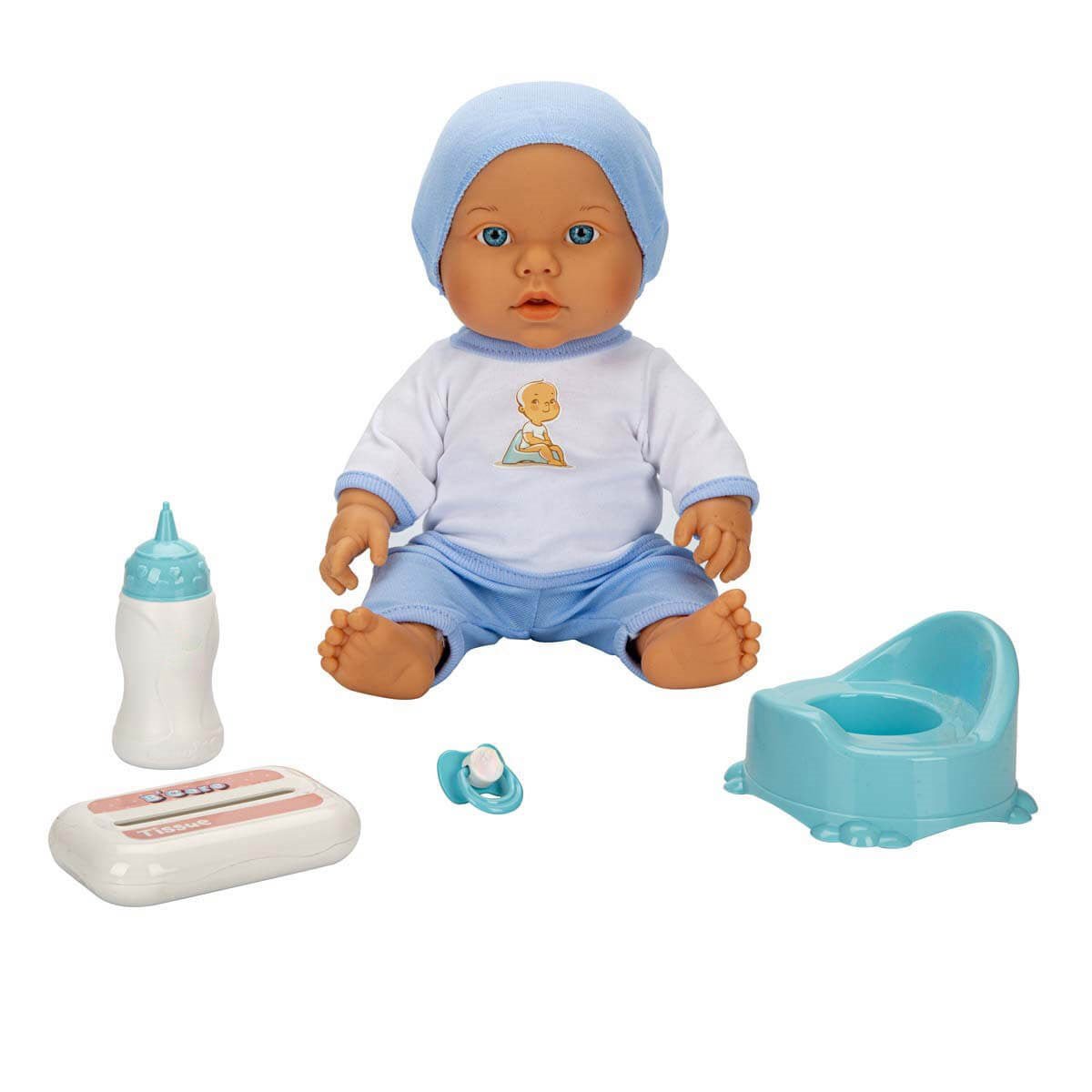 Dollz n More Sesli Bebelou Toilet Time Bebek Seti 32 cm Su İçen, Altını Islatan ve Ses Fonksiyonlu Mavi Lazımlık Seti - Roket Oyuncak