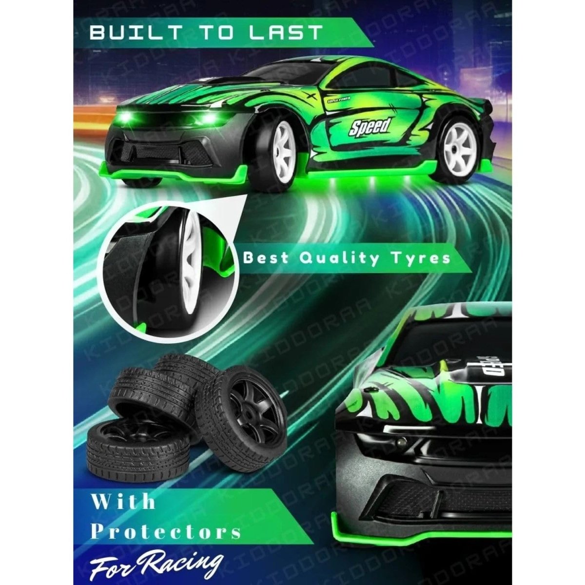 Drift Racer 4WD 12 Km/s Hız, 4 Tekerlekten Çekiş Sistemi, Işıklı Tasarım ve Özel Drift Parkur Konili Uzaktan Kumandalı Yarış Arabası (Yeşil) - Roket Oyuncak