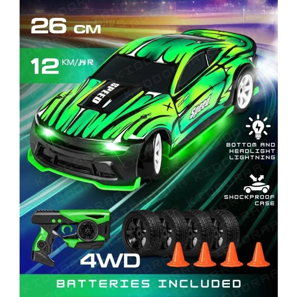 Drift Racer 4WD 12 Km/s Hız, 4 Tekerlekten Çekiş Sistemi, Işıklı Tasarım ve Özel Drift Parkur Konili Uzaktan Kumandalı Yarış Arabası (Yeşil) - Roket Oyuncak