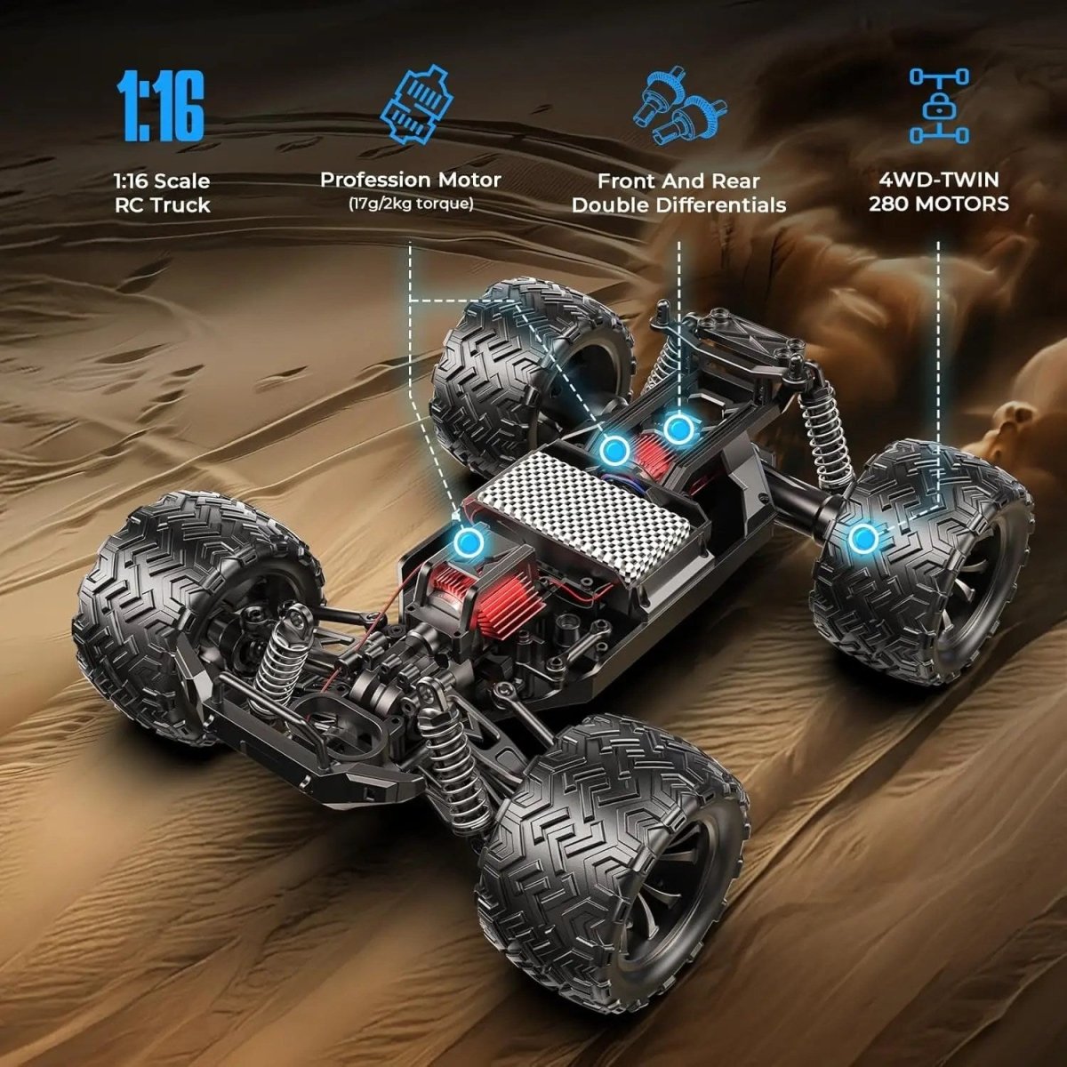Dune Cruiser Racing 1:16 4x4 Uzaktan Kumandalı Off Road Araba 40 KMH Hız 2.4GHz Kumanda Su Geçirmez Büyük Teker Güçlü Performans RC Aracı 9503E - Roket Oyuncak