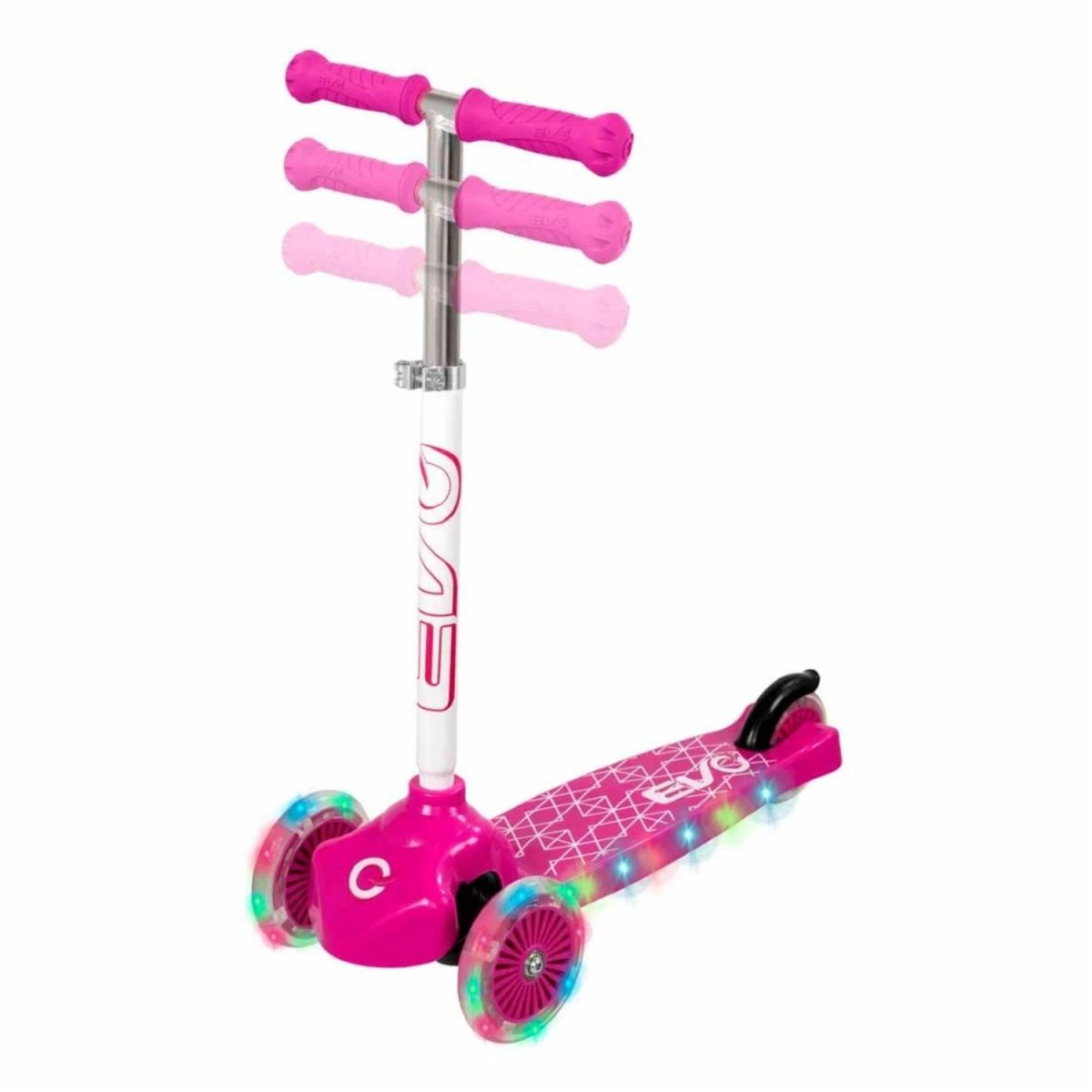 Evo Işıklı 3 Tekerlekli Pembe Scooter 58 - 68 cm Ayarlanabilir Gidon, 50 kg Taşıma Kapasiteli, LED Tekerlekli ve Ergonomik Çocuk Scooterı - Roket Oyuncak