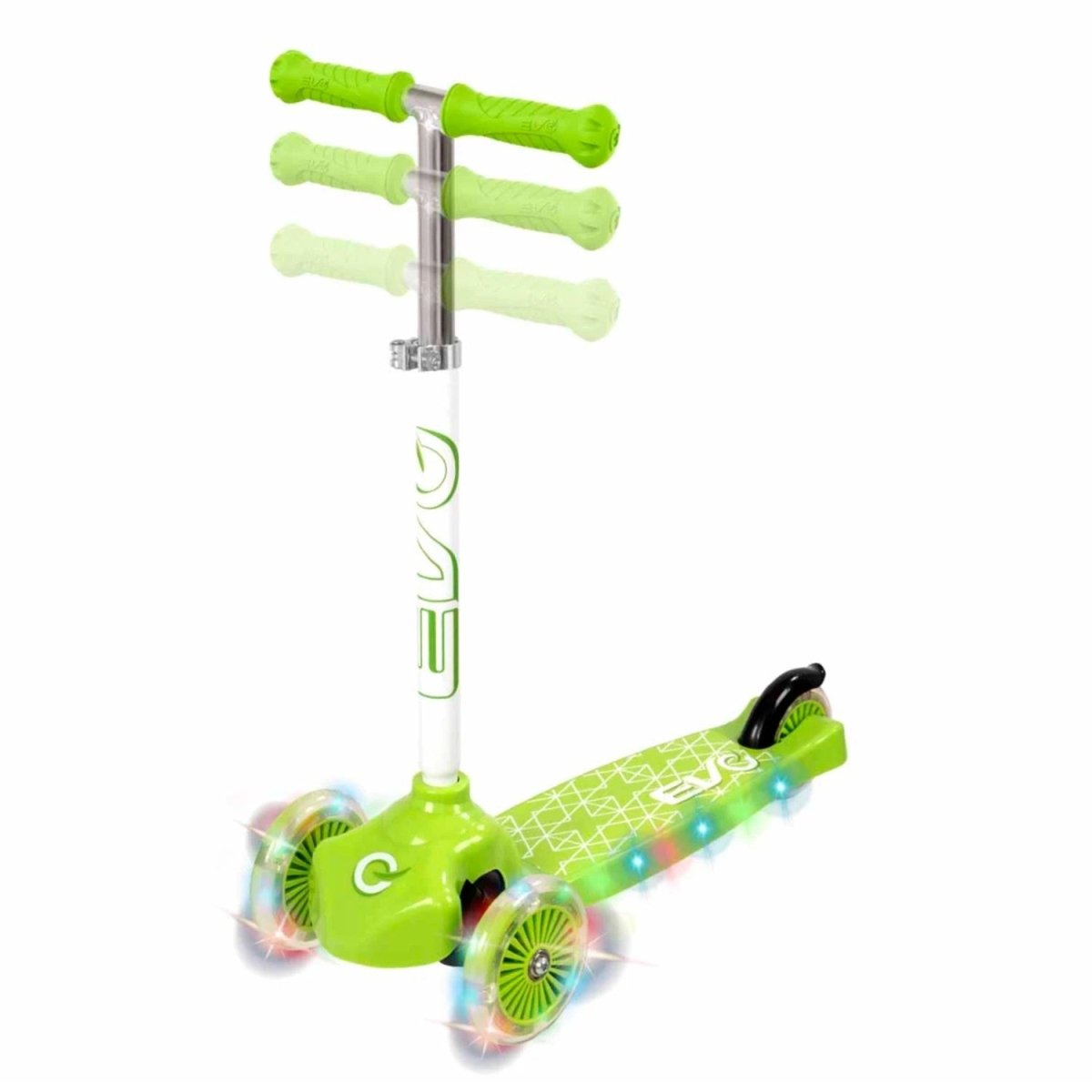Evo Işıklı 3 Tekerlekli Yeşil Scooter 58 - 68 cm Ayarlanabilir Gidon, 50 kg Taşıma Kapasiteli, LED Tekerlekli ve Ergonomik Çocuk Scooterı - Roket Oyuncak