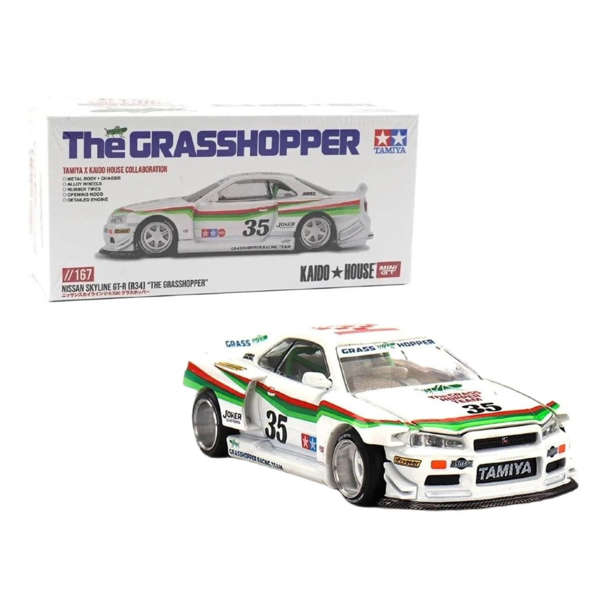 Mini GT Kaido House Nissan Skyline GT R R34 The Grasshopper