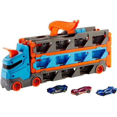 Hot Wheels Sürat Pistli Tır 180 cm Uzayan Katlanabilir Yarış Pistli, İkili Fırlatıcılı ve 22 Araç Kapasiteli Devasa Taşıyıcı Kamyon - Roket Oyuncak