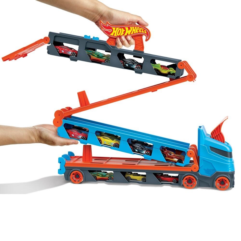 Hot Wheels Sürat Pistli Tır 180 cm Uzayan Katlanabilir Yarış Pistli, İkili Fırlatıcılı ve 22 Araç Kapasiteli Devasa Taşıyıcı Kamyon - Roket Oyuncak