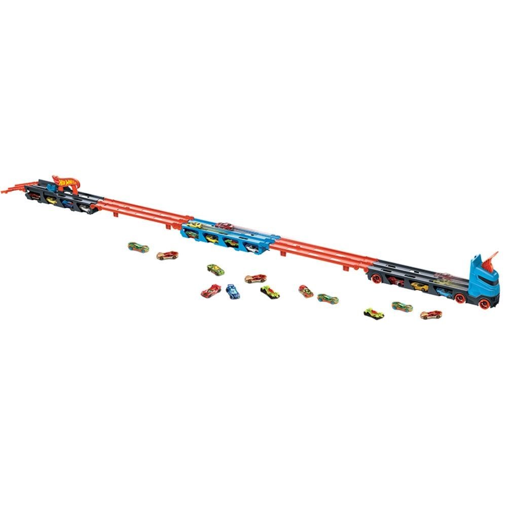 Hot Wheels Sürat Pistli Tır 180 cm Uzayan Katlanabilir Yarış Pistli, İkili Fırlatıcılı ve 22 Araç Kapasiteli Devasa Taşıyıcı Kamyon - Roket Oyuncak
