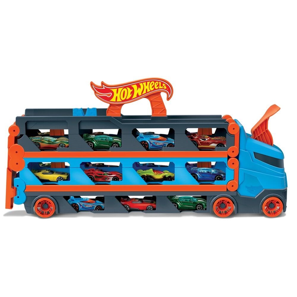 Hot Wheels Sürat Pistli Tır 180 cm Uzayan Katlanabilir Yarış Pistli, İkili Fırlatıcılı ve 22 Araç Kapasiteli Devasa Taşıyıcı Kamyon - Roket Oyuncak