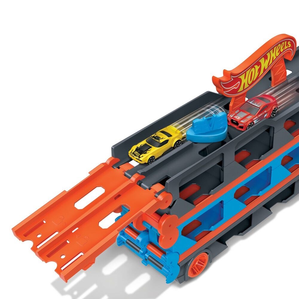 Hot Wheels Sürat Pistli Tır 180 cm Uzayan Katlanabilir Yarış Pistli, İkili Fırlatıcılı ve 22 Araç Kapasiteli Devasa Taşıyıcı Kamyon - Roket Oyuncak
