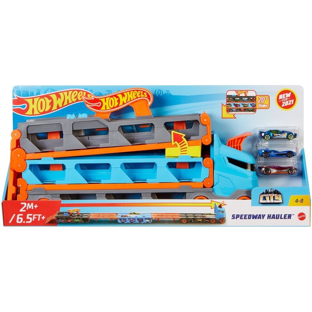 Hot Wheels Sürat Pistli Tır 180 cm Uzayan Katlanabilir Yarış Pistli, İkili Fırlatıcılı ve 22 Araç Kapasiteli Devasa Taşıyıcı Kamyon - Roket Oyuncak