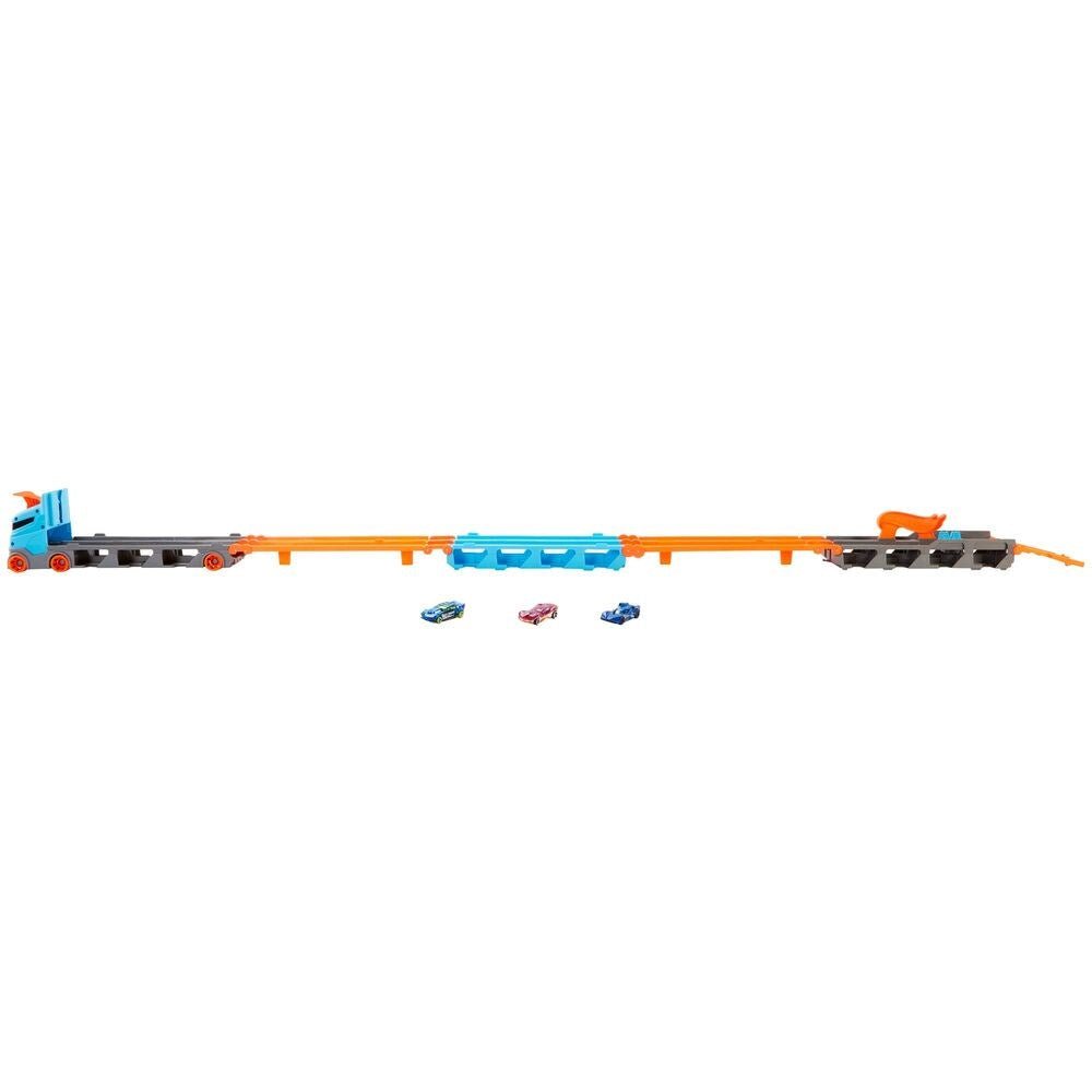 Hot Wheels Sürat Pistli Tır 180 cm Uzayan Katlanabilir Yarış Pistli, İkili Fırlatıcılı ve 22 Araç Kapasiteli Devasa Taşıyıcı Kamyon - Roket Oyuncak