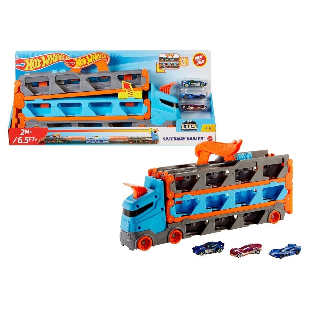 Hot Wheels Sürat Pistli Tır 180 cm Uzayan Katlanabilir Yarış Pistli, İkili Fırlatıcılı ve 22 Araç Kapasiteli Devasa Taşıyıcı Kamyon - Roket Oyuncak