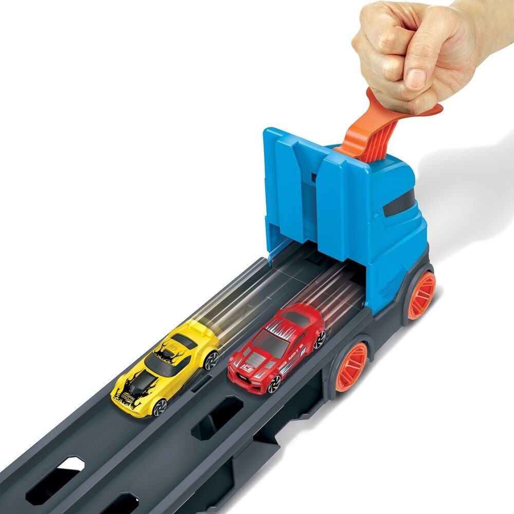 Hot Wheels Sürat Pistli Tır 180 cm Uzayan Katlanabilir Yarış Pistli, İkili Fırlatıcılı ve 22 Araç Kapasiteli Devasa Taşıyıcı Kamyon - Roket Oyuncak