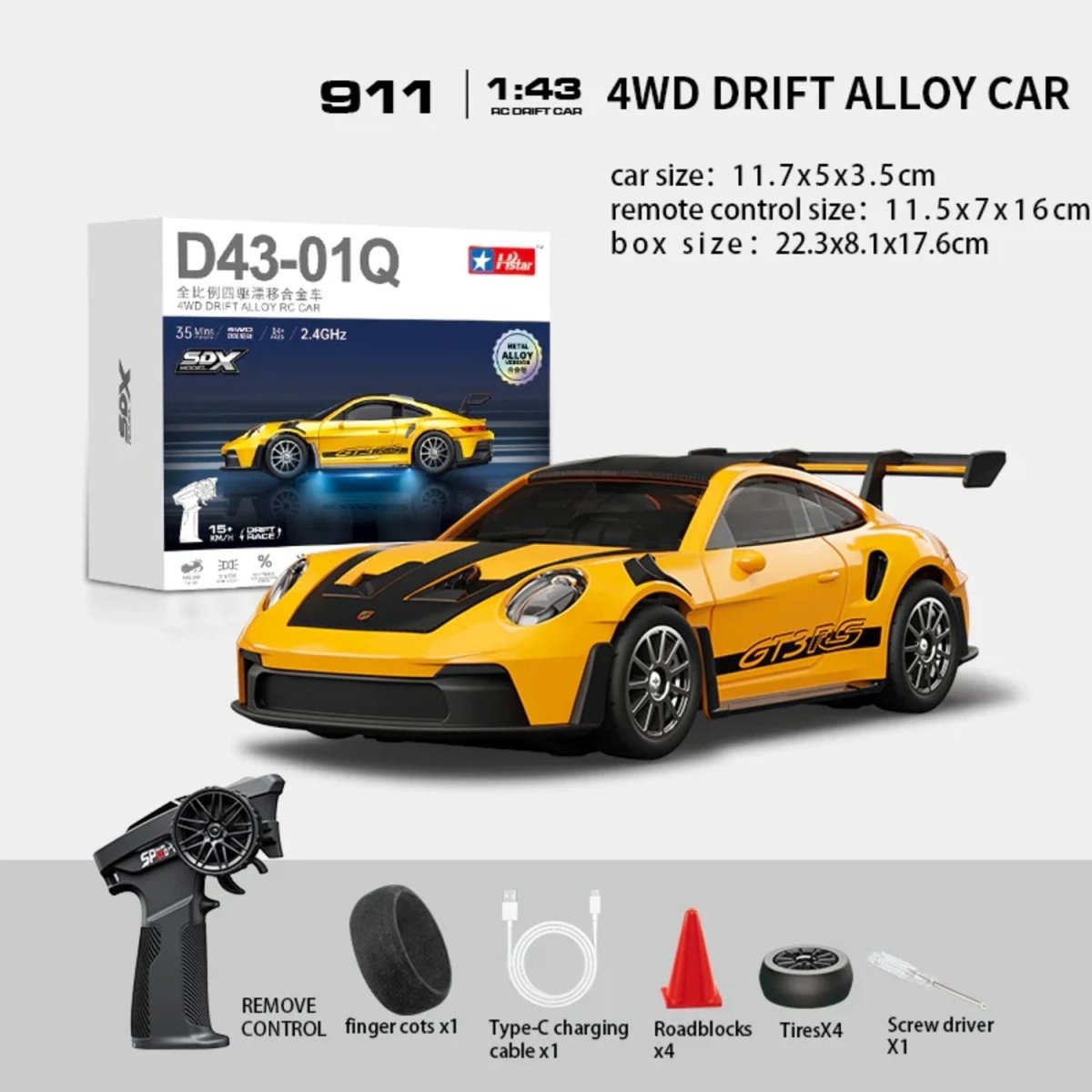 Hstar 1:43 Profesyonel Mini Drift RC Araba 911 4WD 15 KM/H Hız Metal Alaşım Gövde EPS Stabilizasyonu Tam Orantılı Çift Modlu LED - Roket Oyuncak