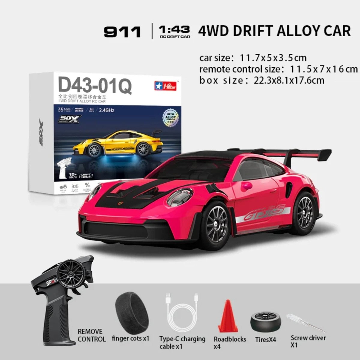 Hstar 1:43 Profesyonel Mini Drift RC Araba 911 4WD 15 KM/H Hız Metal Alaşım Gövde EPS Stabilizasyonu Tam Orantılı Çift Modlu LED - Roket Oyuncak