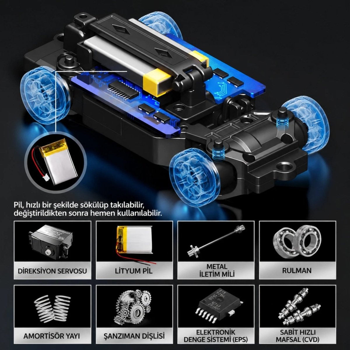 Hstar 1:43 Profesyonel Mini Drift RC Araba 911 4WD 15 KM/H Hız Metal Alaşım Gövde EPS Stabilizasyonu Tam Orantılı Çift Modlu LED - Roket Oyuncak