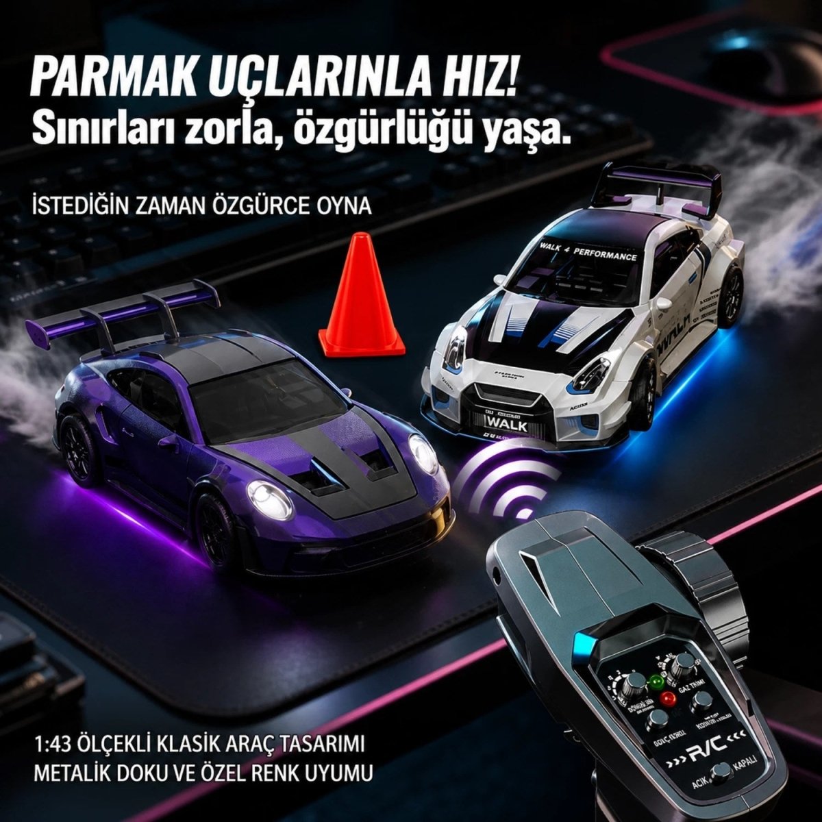 Hstar 1:43 Profesyonel Mini Drift RC Araba 911 4WD 15 KM/H Hız Metal Alaşım Gövde EPS Stabilizasyonu Tam Orantılı Çift Modlu LED - Roket Oyuncak