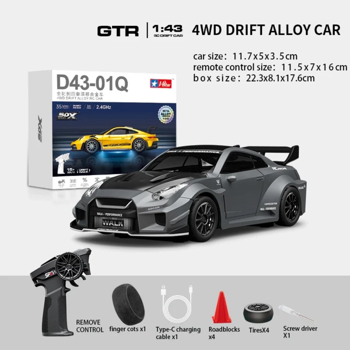 Hstar 1:43 Profesyonel Mini Drift RC Araba GTR 4WD 15 KM/H Hız Metal Alaşım Gövde EPS Stabilizasyonu Tam Orantılı Çift Modlu LED - Roket Oyuncak