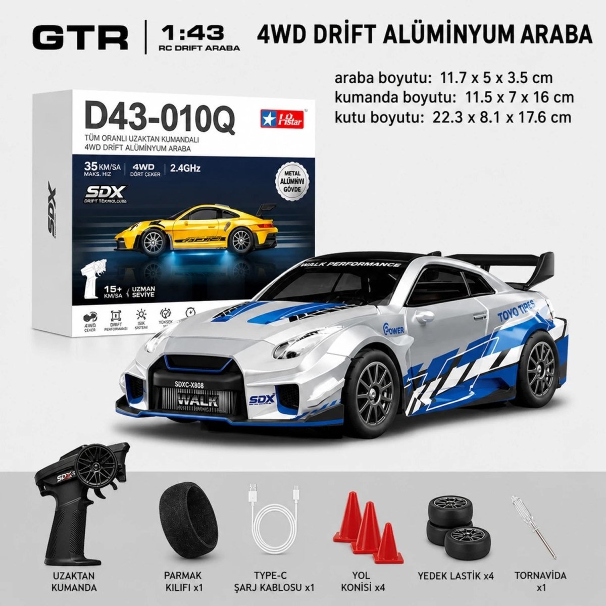 Hstar 1:43 Profesyonel Mini Drift RC Araba GTR 4WD 15 KM/H Hız Metal Alaşım Gövde EPS Stabilizasyonu Tam Orantılı Çift Modlu LED - Roket Oyuncak