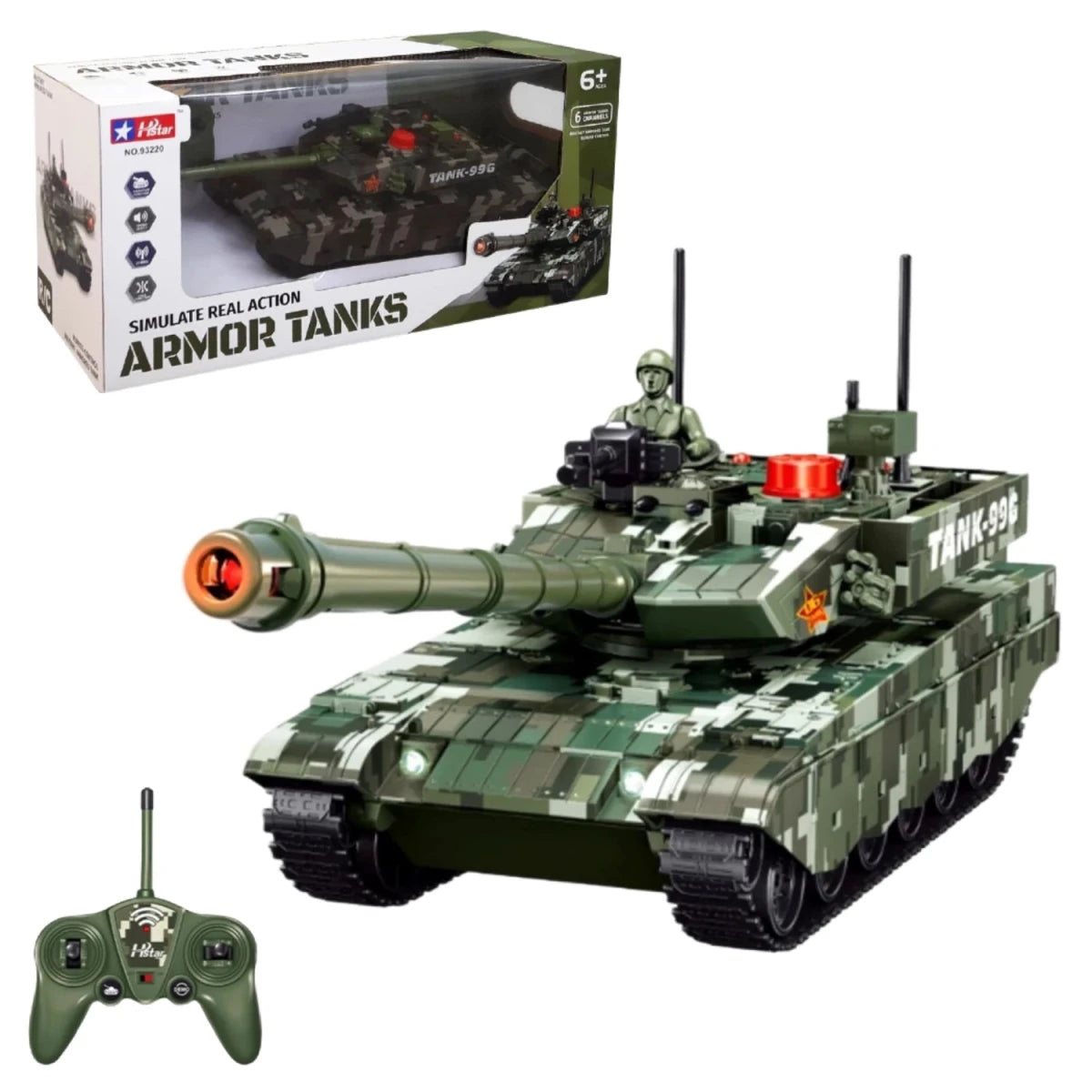 Hstar Battle Armored Sesli ve Işıklı Uzaktan Kumandalı Tank 6 Kanal Kontrollü, Aydınlatmalı Namlu, 35,5 cm Dev Boyut ve USB Şarjlı RC Savaş Tankı - Roket Oyuncak