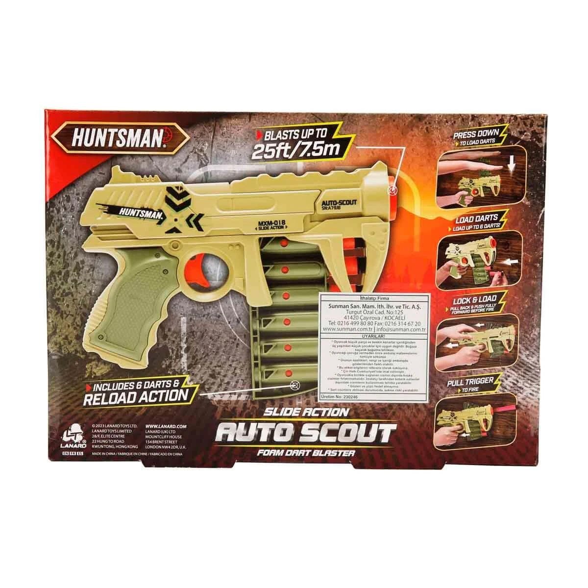 Huntsman Auto Scout 6 Sünger Dart Kapasiteli, 7.5 Metre Menzilli ve 21 cm Ergonomik Tasarımlı Dart Atan Silah - Roket Oyuncak