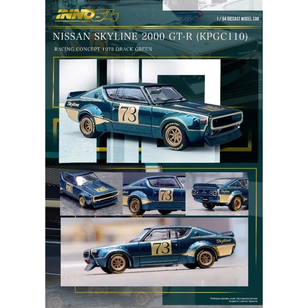 Inno 1:64 Nissan Skyline 2000 GT-R (KPGC110) Racing Concept Green IN64-KPGC110RC-GRN - Roket Oyuncak