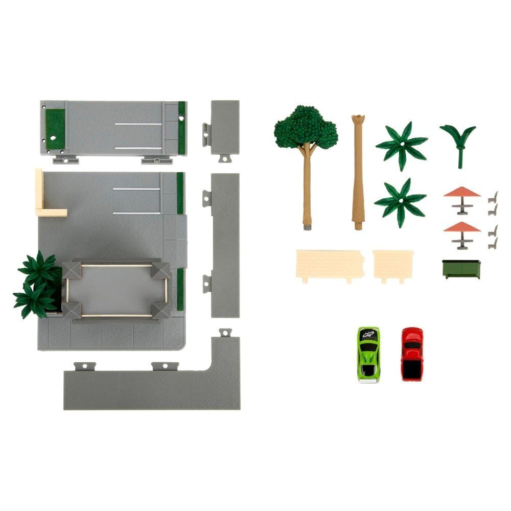 Jada Fast & Furious Nano Toretto's Cafe Diorama Seti Yeşil Mitsubishi Eclipse ve Kırmızı Ford F-150 Metal Araçlı Hızlı ve Öfkeli Kafesi - Roket Oyuncak