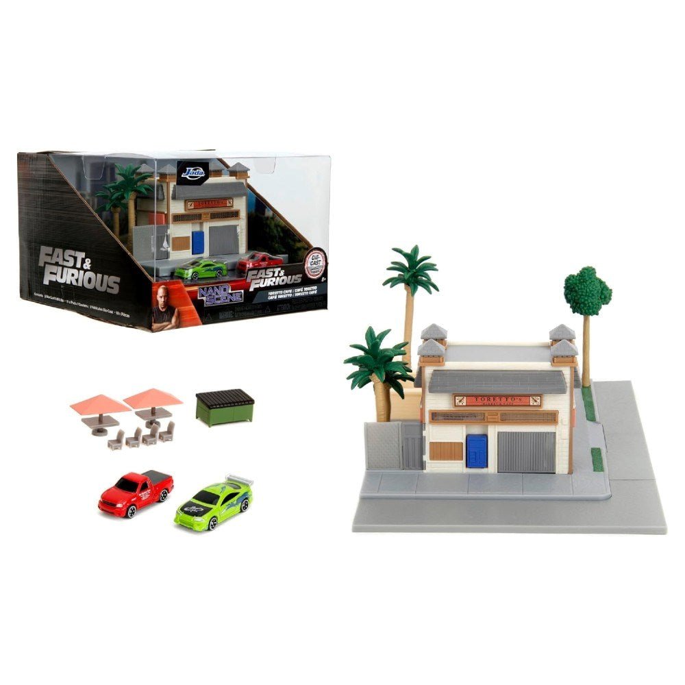 Jada Fast & Furious Nano Toretto's Cafe Diorama Seti Yeşil Mitsubishi Eclipse ve Kırmızı Ford F-150 Metal Araçlı Hızlı ve Öfkeli Kafesi - Roket Oyuncak