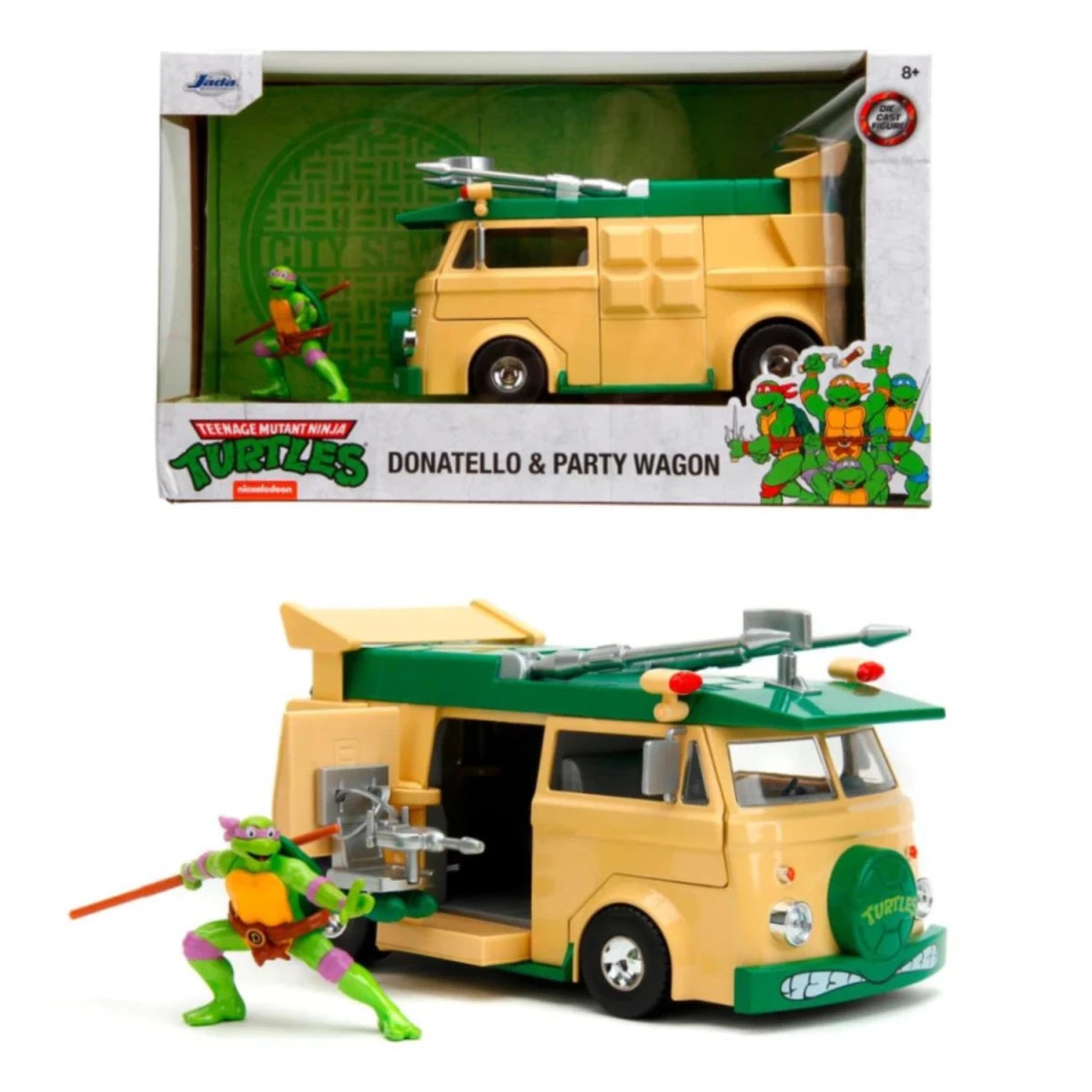 Jada Ninja Turtles Party Wagon: 1:24 Ölçekli Die - Cast Metal Araç ve Özel Donatello Figürü - Açılabilir Kapılı Lisanslı Koleksiyon Seti - Roket Oyuncak