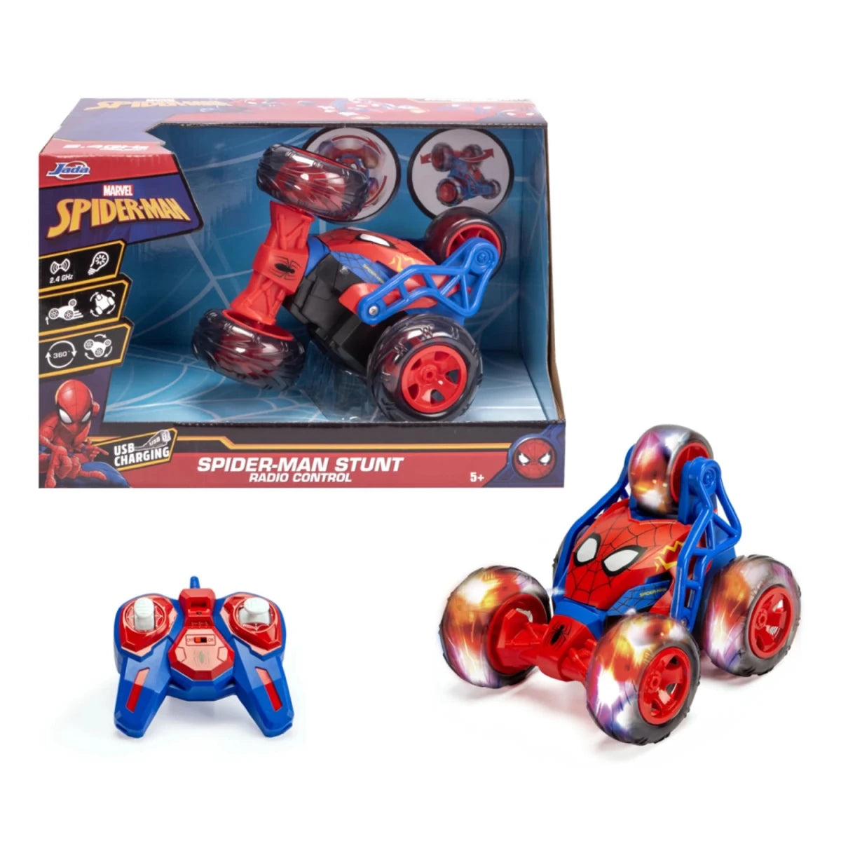 Jada Spider - Man Stunt RC 5 Tekerlekli Tasarımıyla 360° Dönebilen, Işıklı ve USB Şarjlı Uzaktan Kumandalı Akrobasi Arabası - Roket Oyuncak