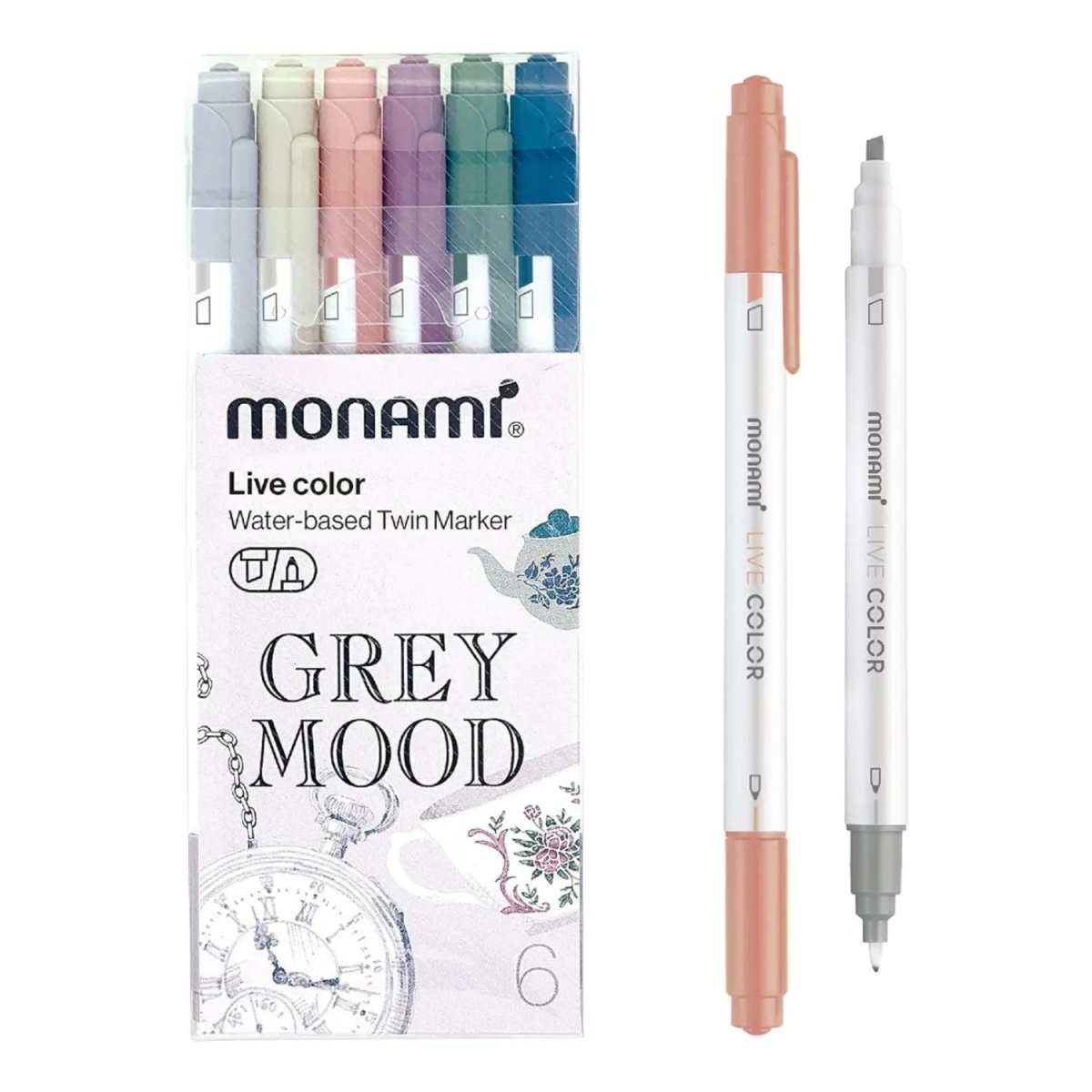 Monami Live Color Twin Marker Çizim Kalemi 6'lı Grey Mood - Roket Oyuncak