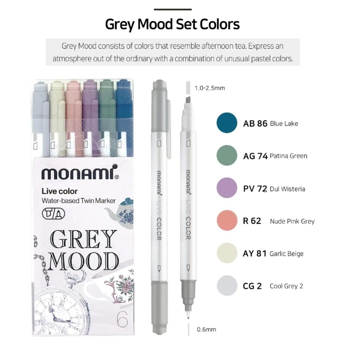 Monami Live Color Twin Marker Çizim Kalemi 6'lı Grey Mood - Roket Oyuncak