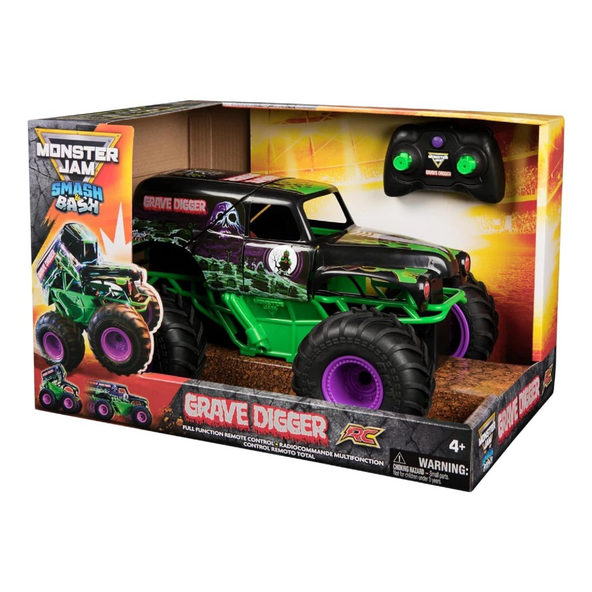 Monster Jam Smash 'n Bash Grave Digger Uzaktan Kumandalı Canavar Kamyon 1:15 Ölçekli, Çarpışmada Deforme Olan ve Otomatik Onarılan Şarjlı RC Kamyon - Roket Oyuncak
