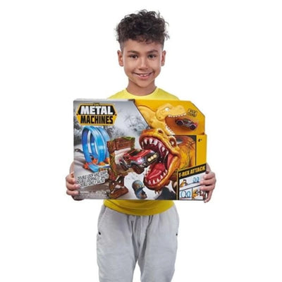 Metal Machines S1 T-Rex Oyun Seti Dev T-Rex Engelli, Çift 360° Pist Döngülü ve Wild Thing Fırlatıcılı Aksiyon Yarış Seti