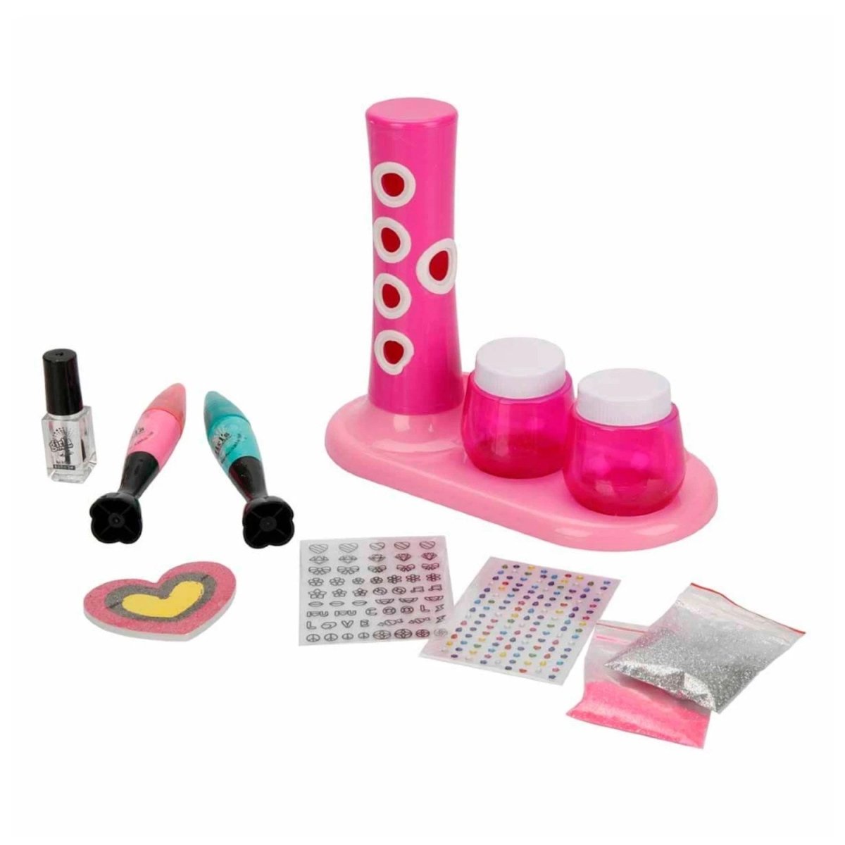 Pretty Pinky 2in1 Tırnak Tasarım Seti Çalkalayıcı Düzenekli, Simli, Stickerlı ve Renklendirilebilir Kalemli Komple Manikür ve Tasarım İstasyonu - Roket Oyuncak