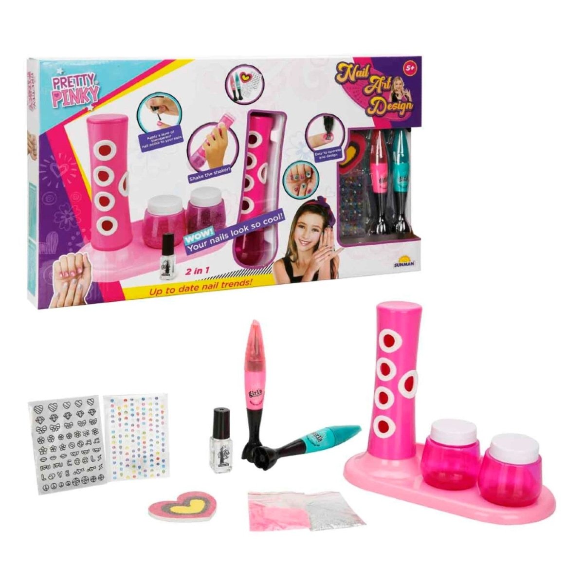 Pretty Pinky 2in1 Tırnak Tasarım Seti Çalkalayıcı Düzenekli, Simli, Stickerlı ve Renklendirilebilir Kalemli Komple Manikür ve Tasarım İstasyonu - Roket Oyuncak
