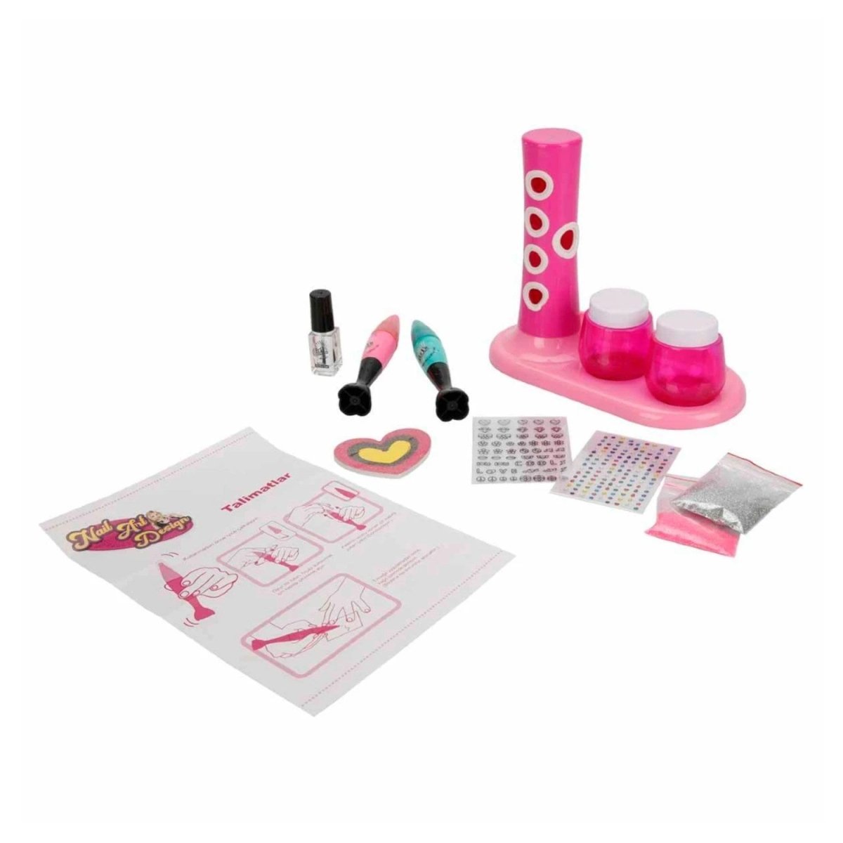 Pretty Pinky 2in1 Tırnak Tasarım Seti Çalkalayıcı Düzenekli, Simli, Stickerlı ve Renklendirilebilir Kalemli Komple Manikür ve Tasarım İstasyonu - Roket Oyuncak