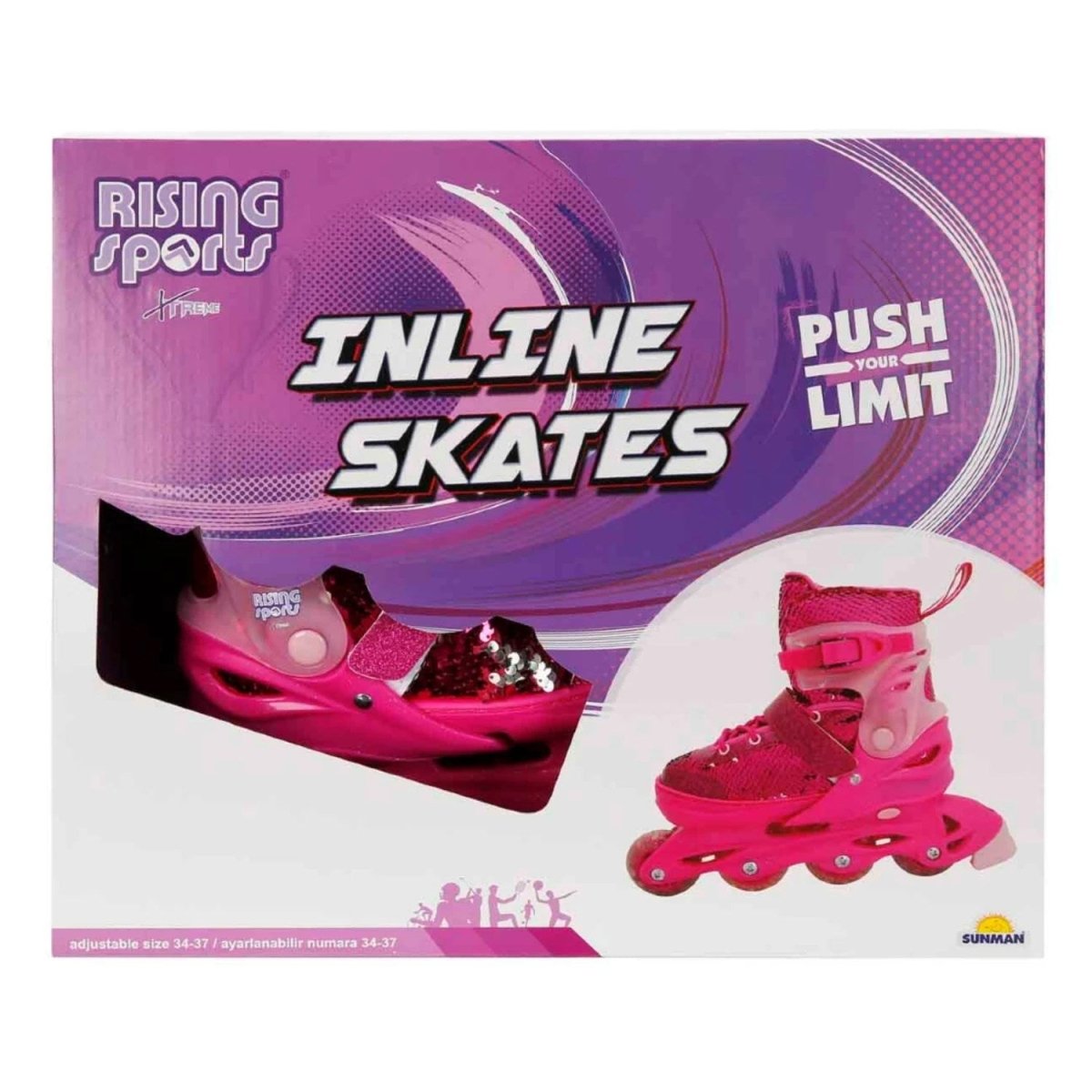 Rising Sports Inline 4 Teker Paten Pembe Payetli Özel Tasarım, 34 - 37 Numara Ayarlanabilir, Şık ve Konforlu Çocuk Pateni - Roket Oyuncak