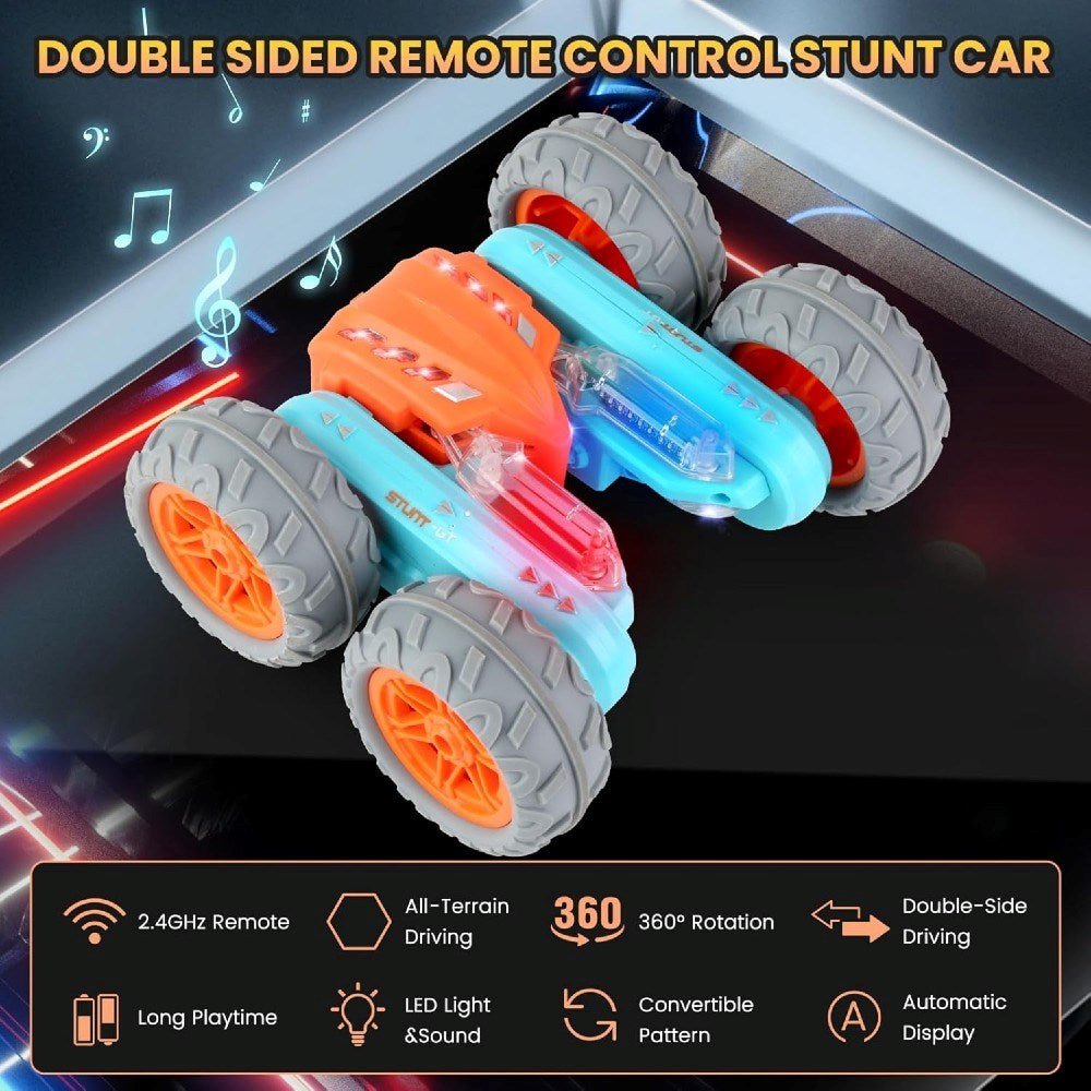 Uzaktan Kumandalı 360° Dönen Işıklı Stunt Araba 3D Işıklı Akrobatik Off Road Araç Çift Taraflı Sürüş Yapan RC Araba Mavi Yeşil - Roket Oyuncak