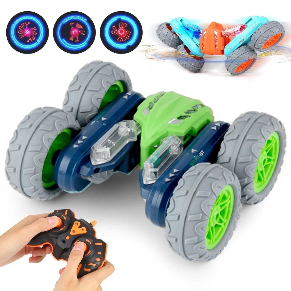 Uzaktan Kumandalı 360° Dönen Işıklı Stunt Araba 3D Işıklı Akrobatik Off Road Araç Çift Taraflı Sürüş Yapan RC Araba Mavi Yeşil - Roket Oyuncak