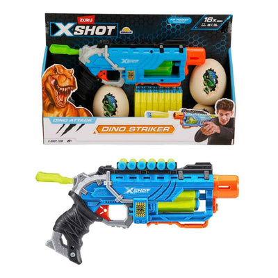 X - Shot Dino Attack Dino Striker 30 Metre Atış Menzilli, 16 Sünger Dartlı ve 4 Adet Dinozor Yumurtası Hedefli 32 cm Dart Atan Silah - Roket Oyuncak