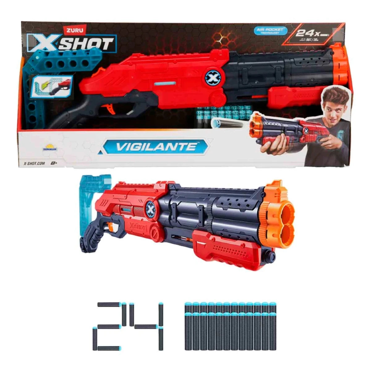 X - Shot Excel Vigilante Çift Namlulu Kırma Gövde, 30 Metre Menzilli, 24 Sünger Dartlı ve 55 cm Uzunluğunda Aksiyon Silahı - Roket Oyuncak