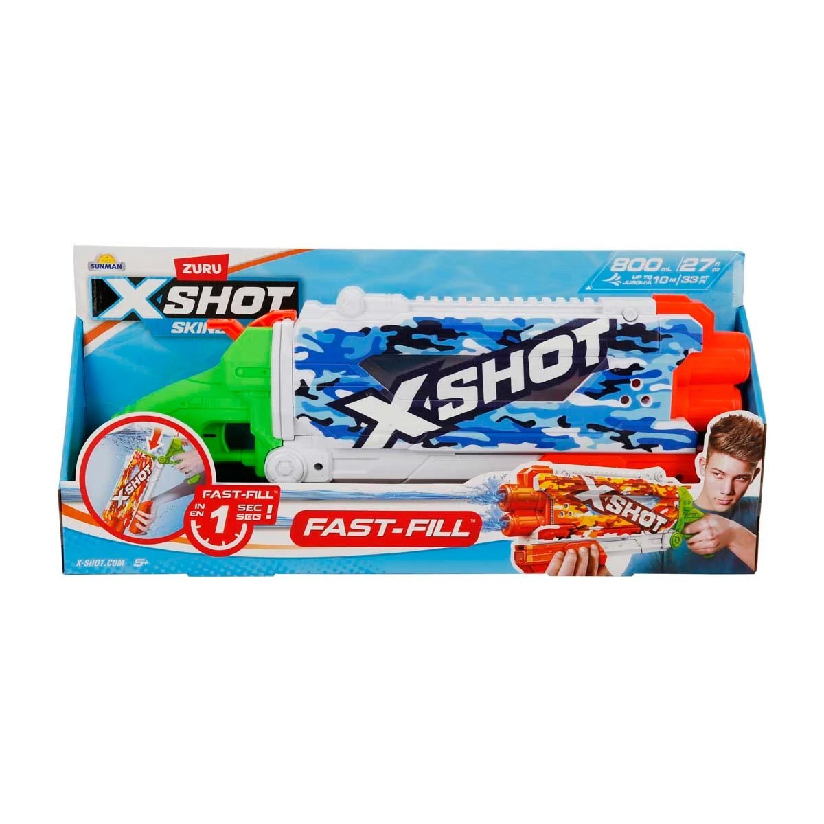 X - Shot Skins Fast Fill Su Tabancası Water Camo 800 ml Geniş Hazne, 10 Metre Atış Menzili, 1 Saniyede Hızlı Dolum Özellikli 49,5 cm Dev Su Tabancası - Roket Oyuncak