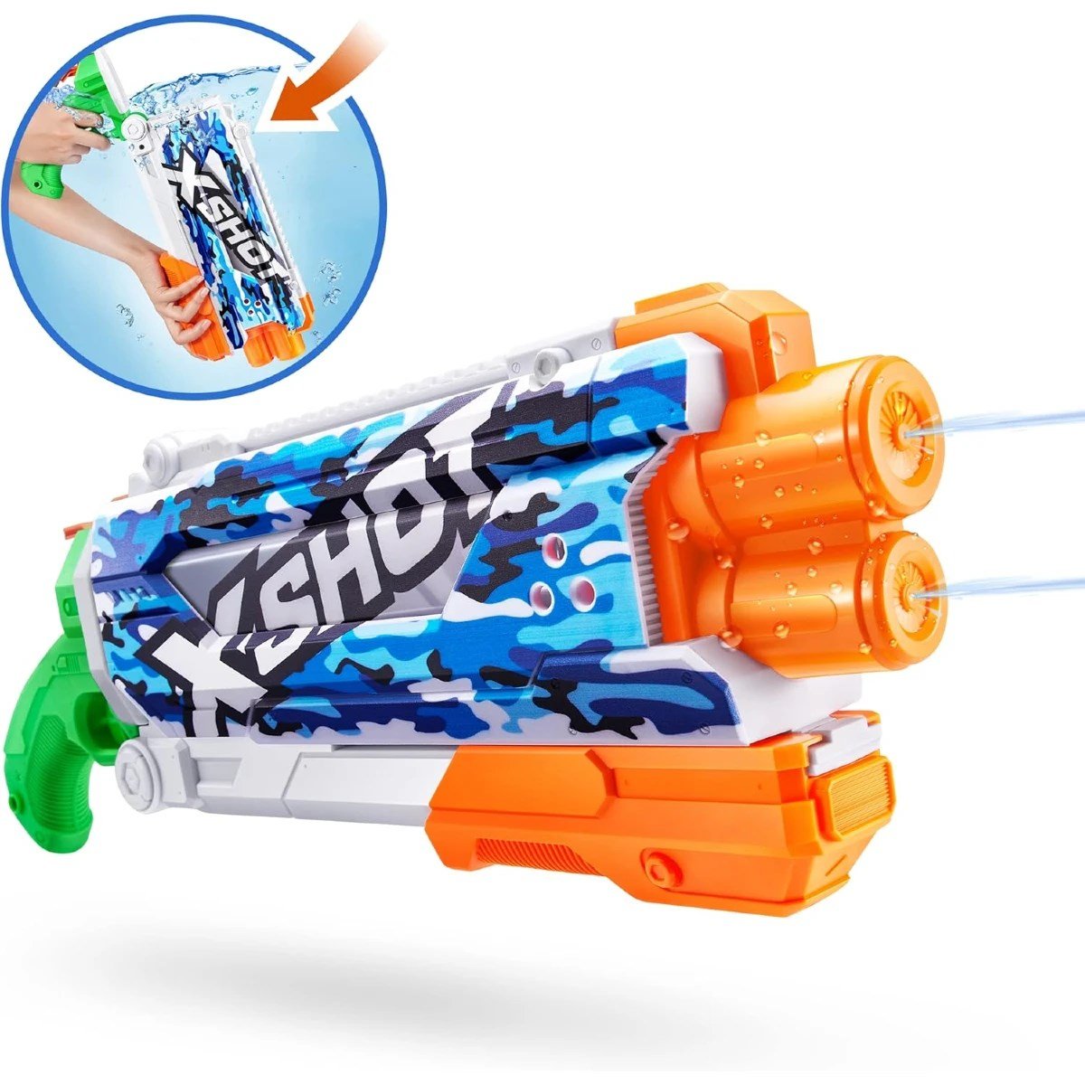 X - Shot Skins Fast Fill Su Tabancası Water Camo 800 ml Geniş Hazne, 10 Metre Atış Menzili, 1 Saniyede Hızlı Dolum Özellikli 49,5 cm Dev Su Tabancası - Roket Oyuncak