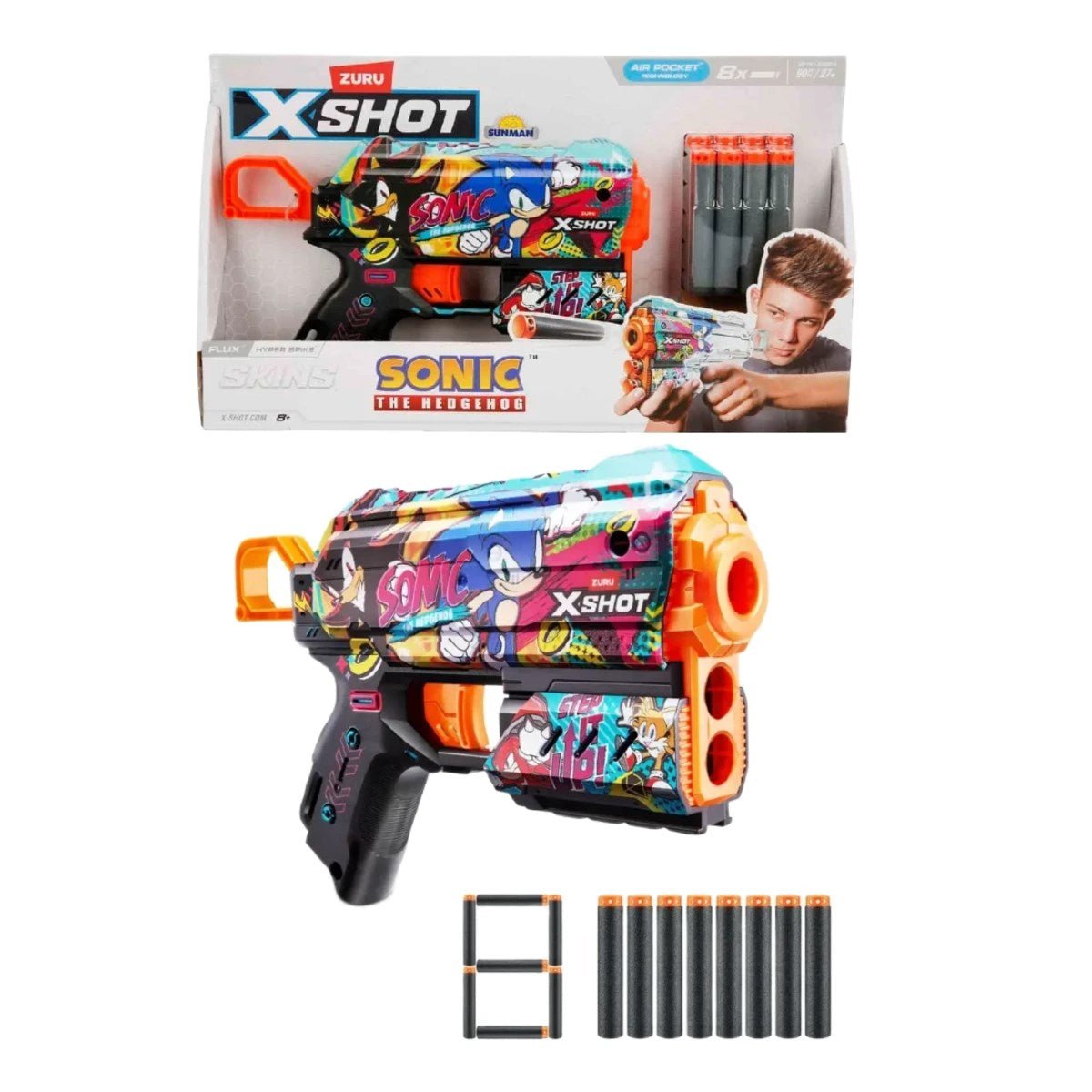 X - Shot Skins Flux Sonic The Hedgehog Hyper Spike 27 Metre Menzilli, 8 Sünger Dartlı, Sonic Lisanslı ve 21 cm Uzunluğunda Aksiyon Silahı - Roket Oyuncak