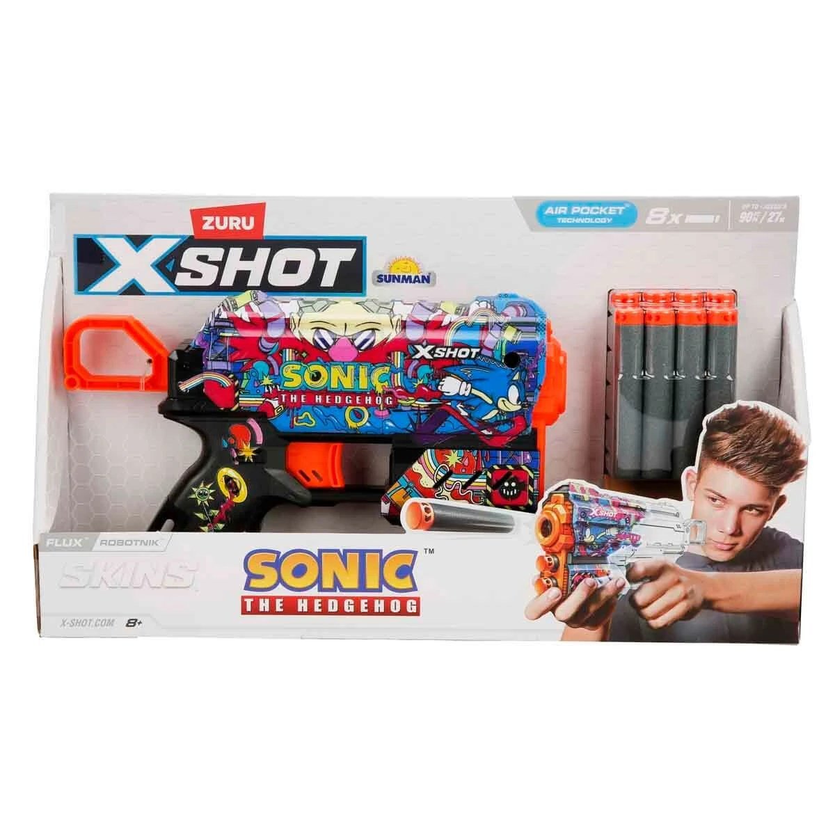 X - Shot Skins Flux Sonic The Hedgehog Robotnik 27 Metre Menzilli, 8 Sünger Dartlı, Sonic Lisanslı ve 21 cm Uzunluğunda Aksiyon Silahı - Roket Oyuncak