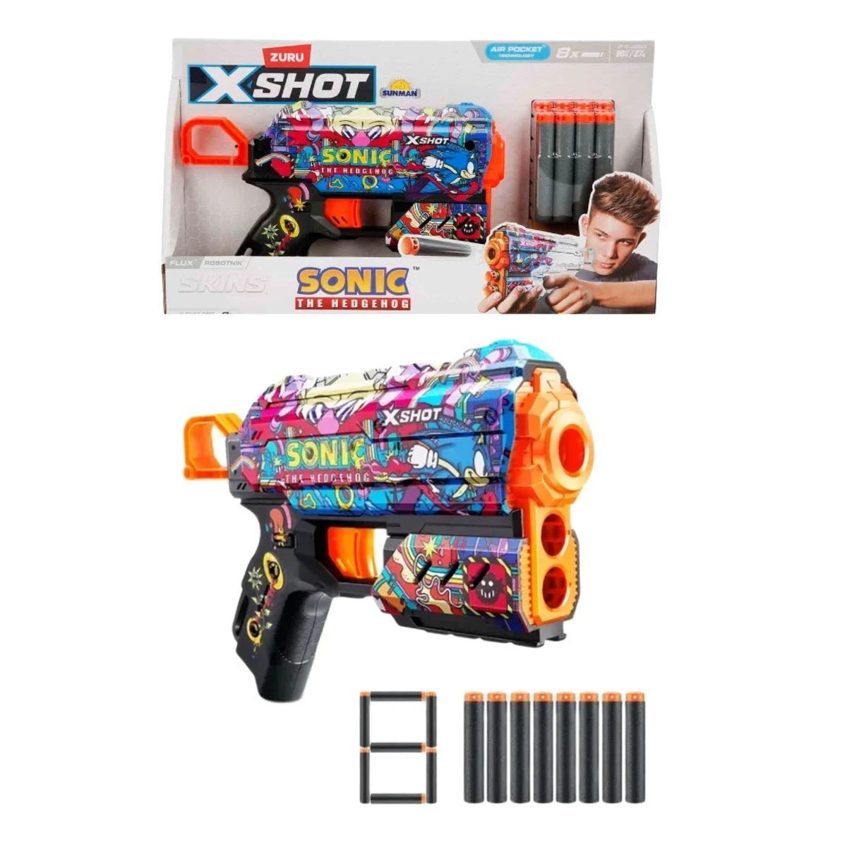 X - Shot Skins Flux Sonic The Hedgehog Robotnik 27 Metre Menzilli, 8 Sünger Dartlı, Sonic Lisanslı ve 21 cm Uzunluğunda Aksiyon Silahı - Roket Oyuncak