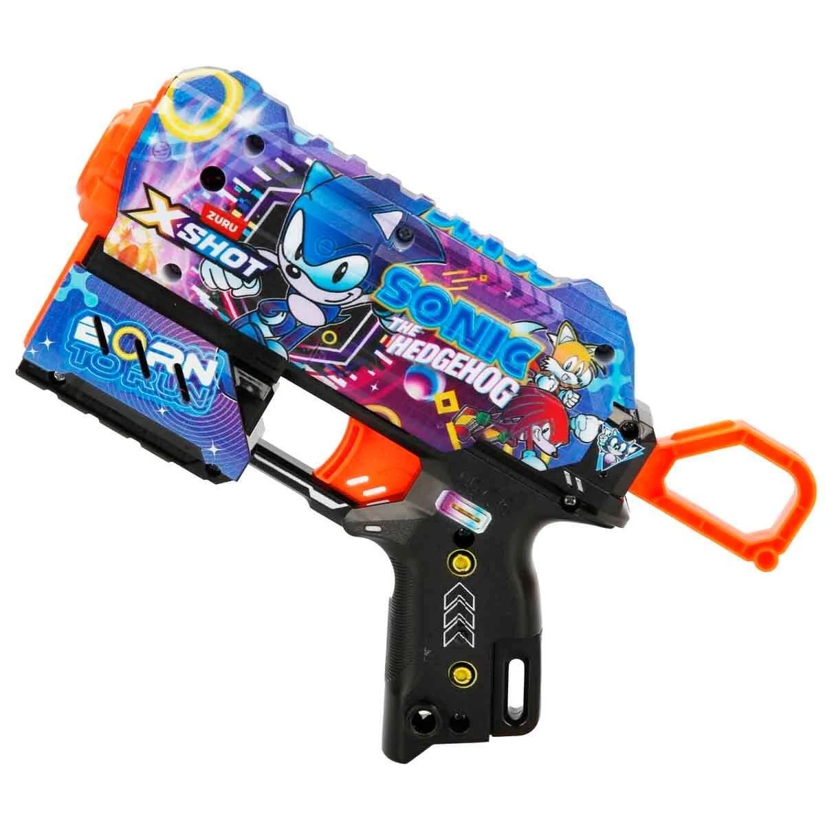 X - Shot Skins Flux Sonic The Hedgehog Super Speed 27 Metre Menzilli, 8 Sünger Dartlı, Sonic Lisanslı ve 21 cm Uzunluğunda Aksiyon Silahı - Roket Oyuncak
